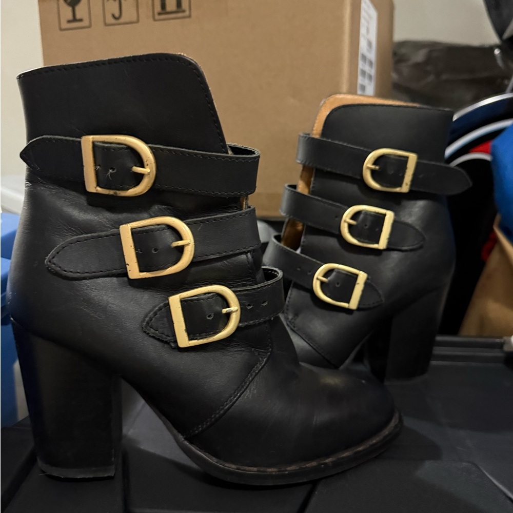Topshop Black Heeled Boots with Gold Buckles
